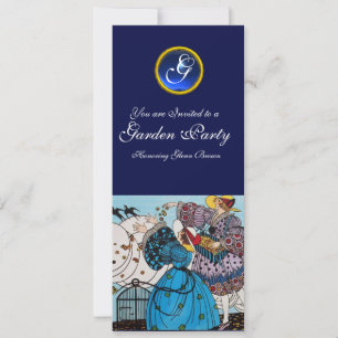 SPRING BIRDS GARDEN PARTY ,SAPPHIRE GEM MONOGRAM INVITATION