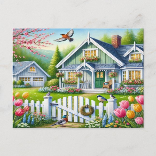 Spring  Birds Nature House Postcard Watercolor (Front)