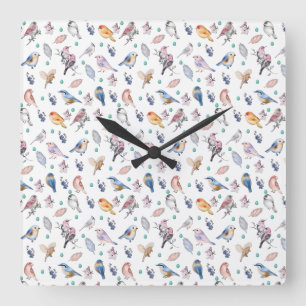Spring Birds Pattern Square Wall Clock