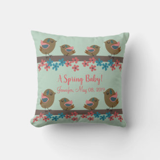 Spring birds with babies & custom text throw pillow