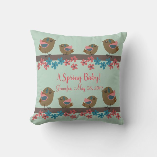 Spring birds with babies & custom text throw pillow (Front)