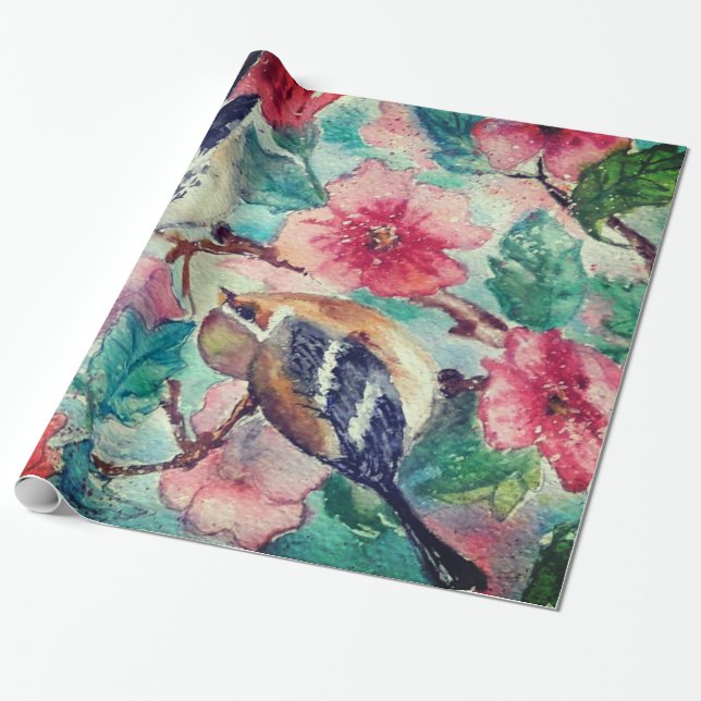 Spring Birds Wrapping Paper Flowers - Painting (Unrolled)