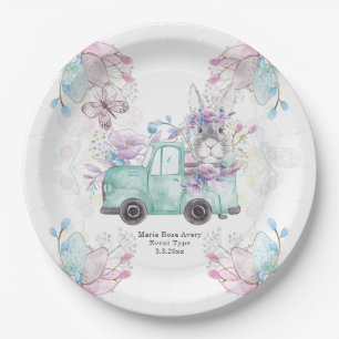 Spring Birthday Personalized Pattern Bunny Truck Paper Plate
