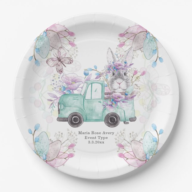 Spring Birthday Personalized Pattern Bunny Truck Paper Plate (Front)
