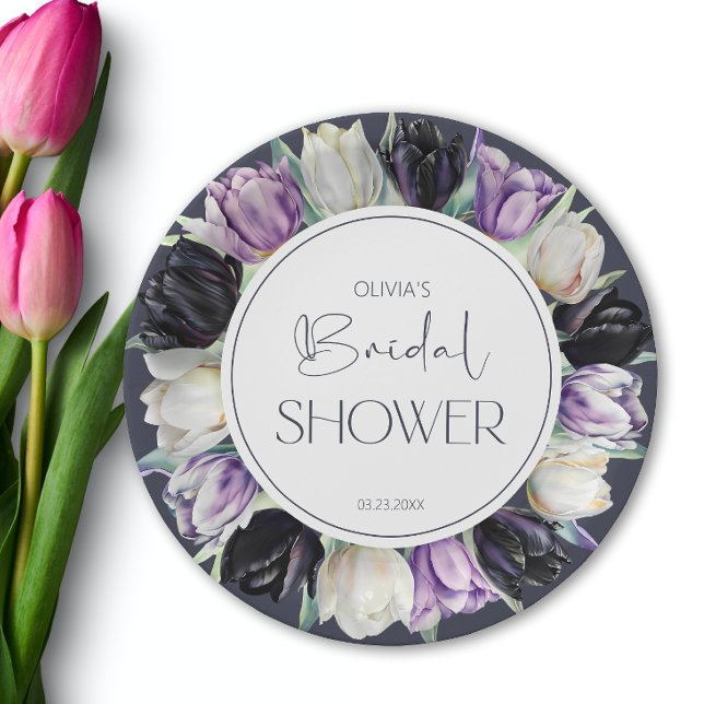 Spring black and white tulips Bridal shower Paper Plate (Creator Uploaded)