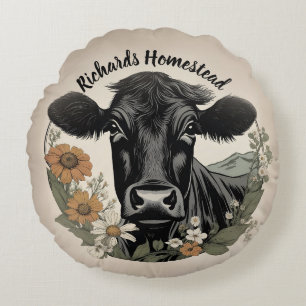 Spring Black Cow Round Pillow