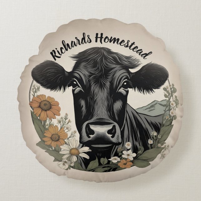 Spring Black Cow Round Pillow (Front)