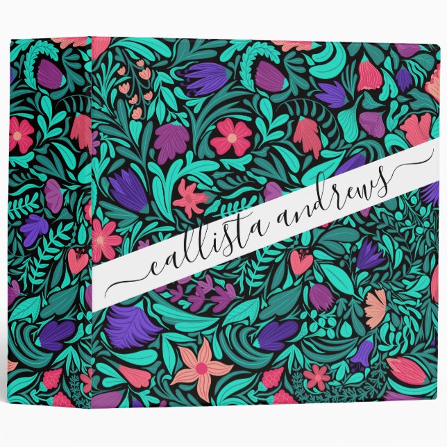 Spring Black Flowers Leaves Illustration Pattern Binder (Front/Spine)