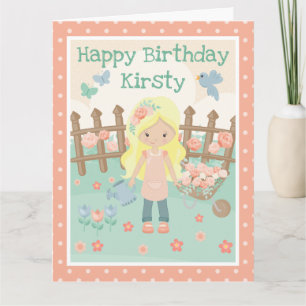 Spring Blonde Girl in peach flower garden Birthday Card