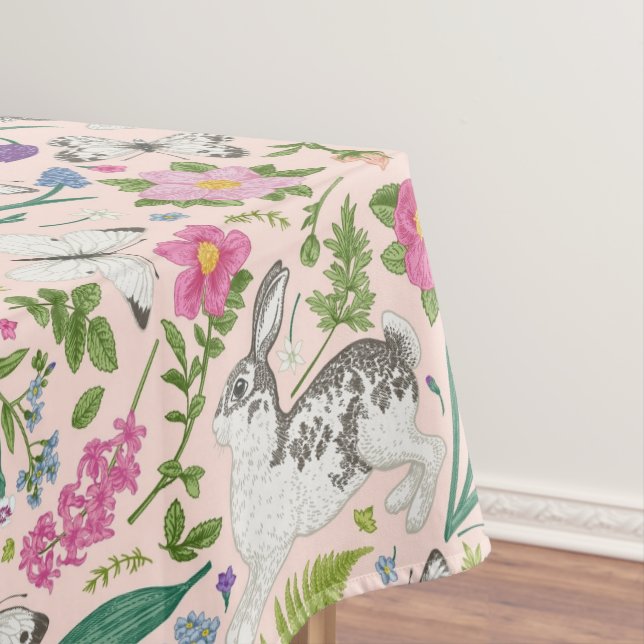 Spring Bloom Garden Bunny Butterflies Easter Tablecloth (In Situ)