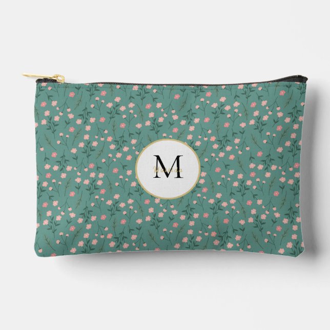 'Spring Bloom', teal & pink floral customized  Accessory Pouch (Front)