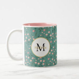 'Spring Bloom', teal & pink floral customized  Two-Tone Coffee Mug