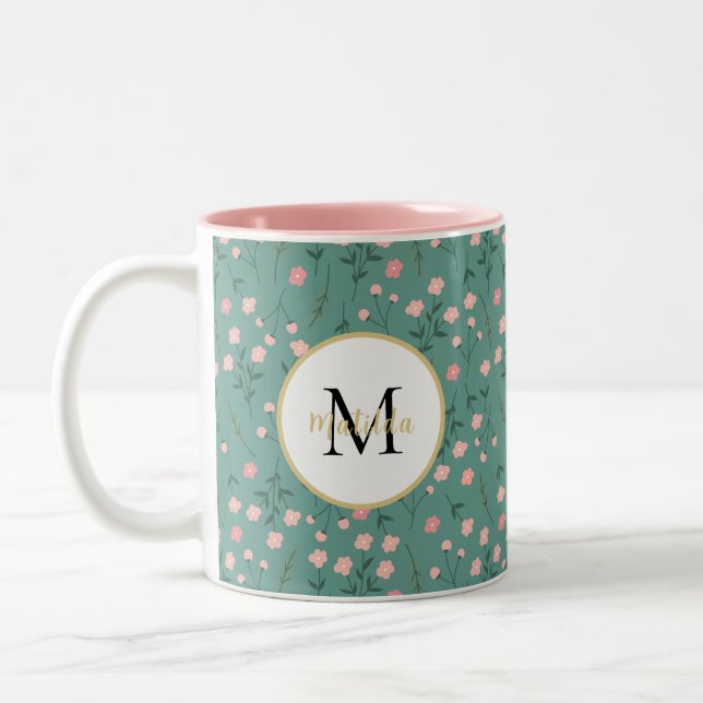 'Spring Bloom', teal & pink floral customized  Two-Tone Coffee Mug (Left)
