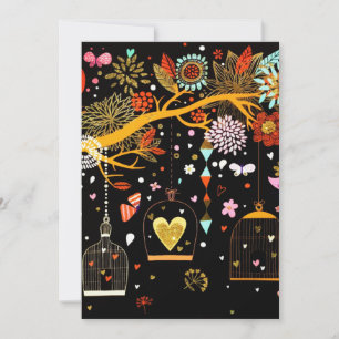 Spring Blooming Tree Gold Bird In Love Holiday Card
