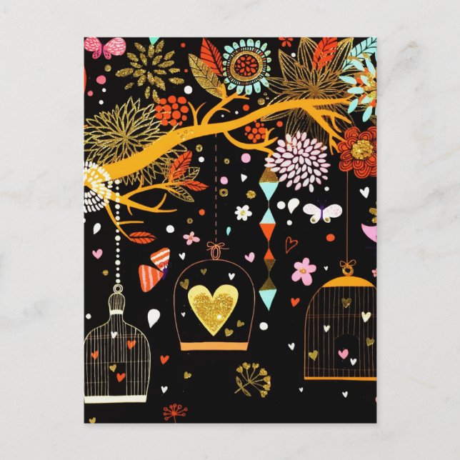 Spring Blooming Tree Gold Bird In Love Holiday Postcard (Front)