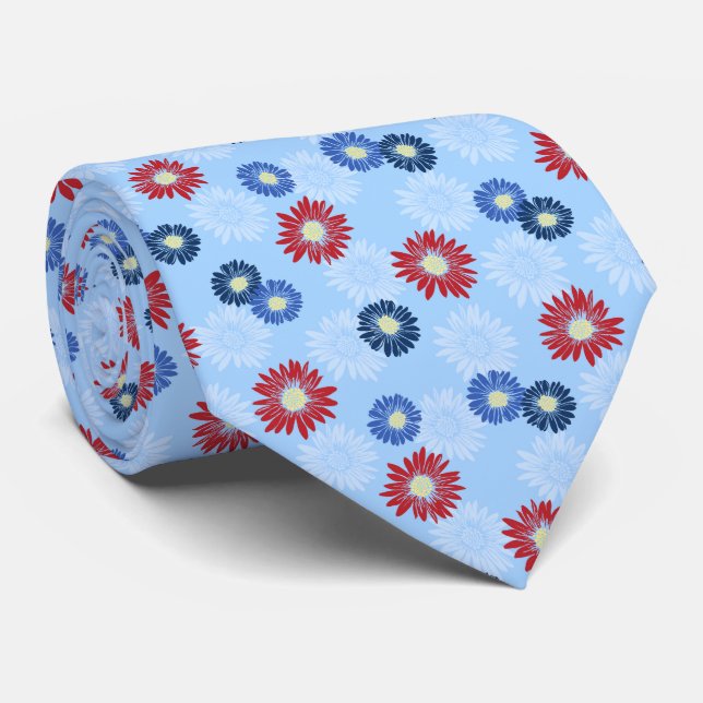 Spring Blooms Daisy Floral Sky Blue Two-sided Tie (Rolled)