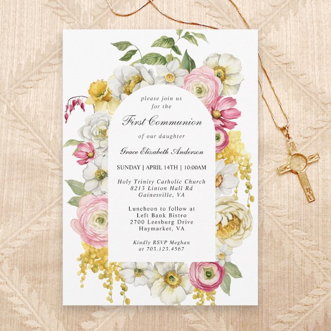 Spring Blooms Floral Arch First Communion Invitation (Creator Uploaded)