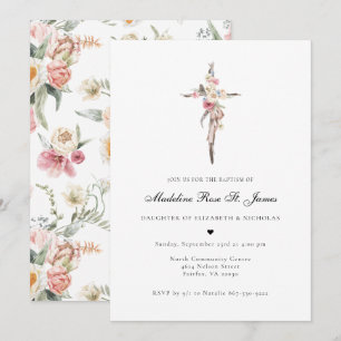 Spring Blooms   Floral Cross Baptism Invitation
