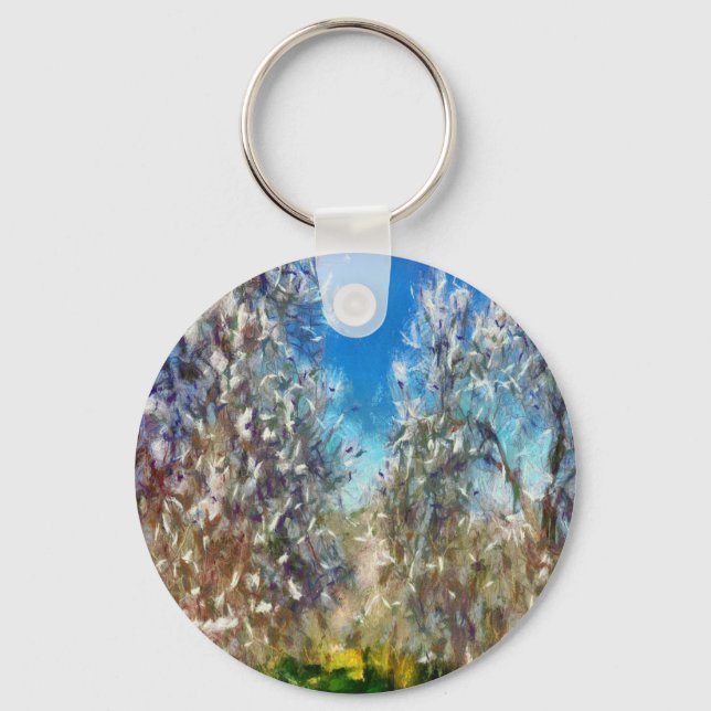 Spring Blossom Almond Tree Pointillism Artwork Keychain (Front)