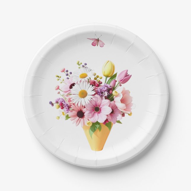 Spring Blossom Bouquet with Butterfly Paper Plate (Front)