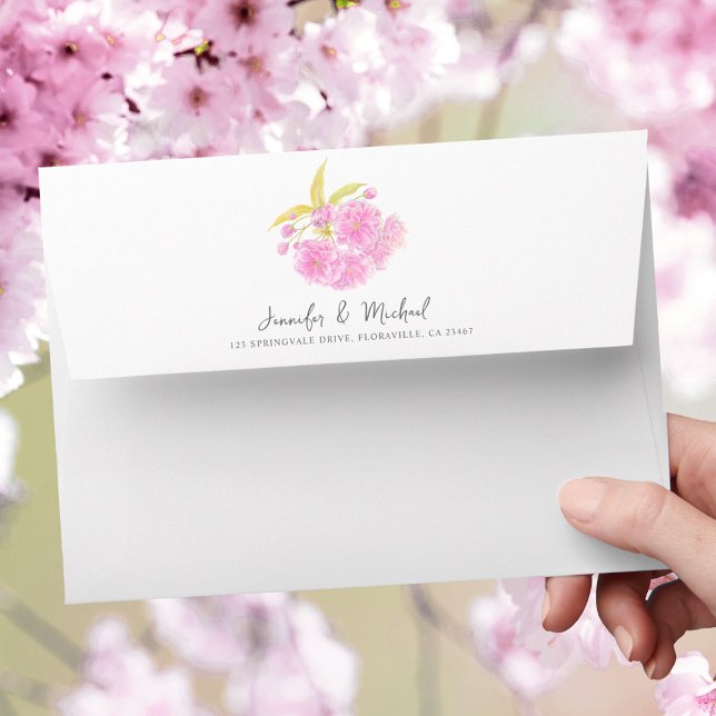 Spring blossom pink flowers watercolor wedding envelope (Creator Uploaded)