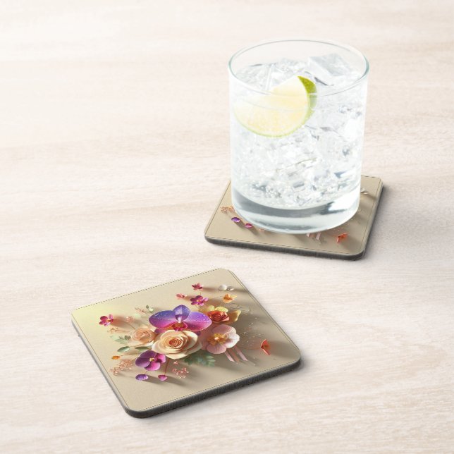 Spring Blossoms 3D Greeting Card - Vibrant Roses  Coaster (Right Side)