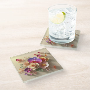 Spring Blossoms 3D Greeting Card - Vibrant Roses Glass Coaster