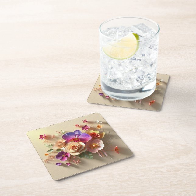Spring Blossoms 3D Greeting Card - Vibrant Roses  Square Paper Coaster (Insitu)