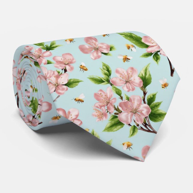 Spring Blossoms and Bees Pattern Tie (Rolled)