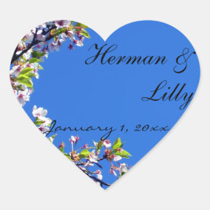 Spring Blossoms and Blue Sky Personalized Wedding Heart Sticker