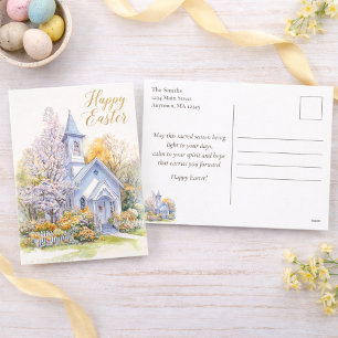 Spring Blossoms Church Scene Happy Easter Holiday Postcard