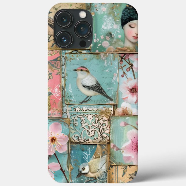 Spring Blossoms Decoupage Birds Gold Pink Aqua Case-Mate iPhone Case (Back)