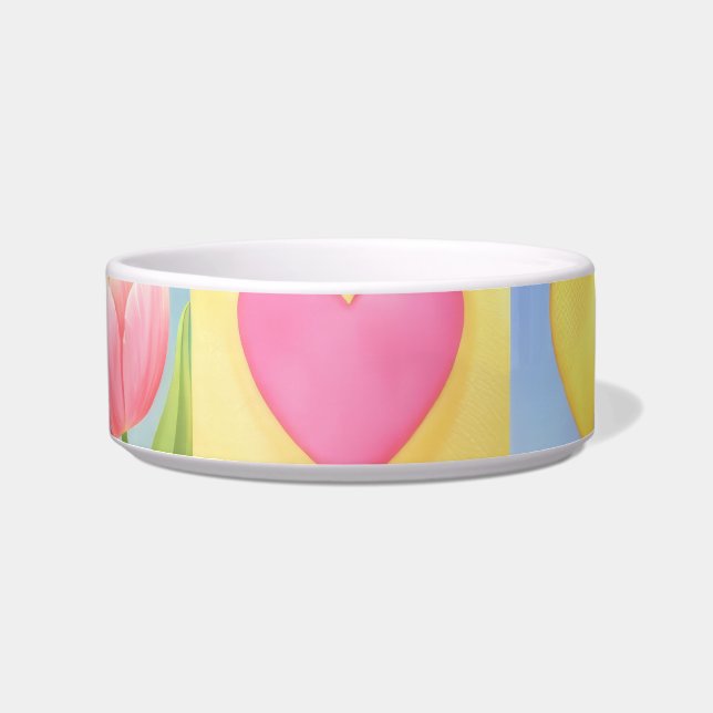 Spring Blossoms Heart Checkerboard Pattern Pet Bowl (Front)