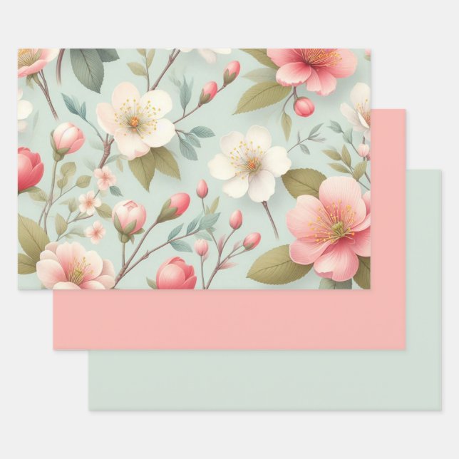 Spring Blossoms in Robin's Egg Blue Wrapping Paper Sheet (Set)