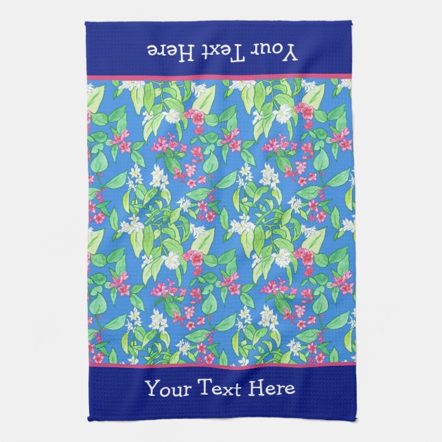 Spring Blossoms, Philadelphus and Weigela on Blue Kitchen Towel (Vertical)