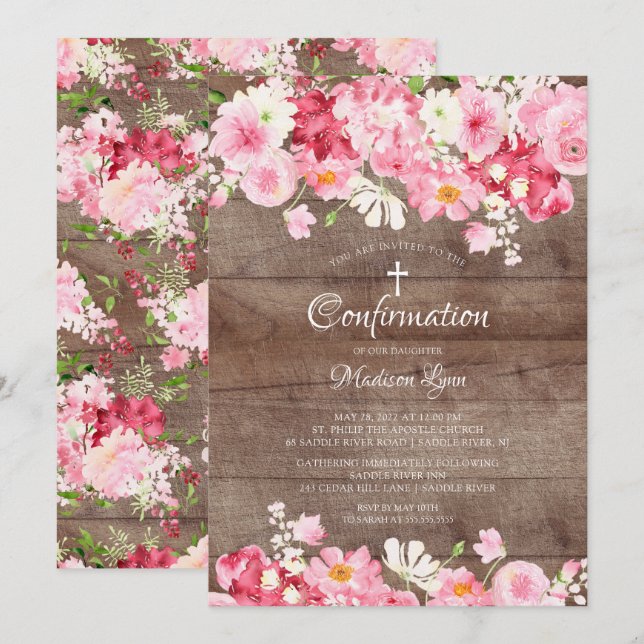 Spring Blossoms Rustic Floral Confirmation Invitation (Front/Back)