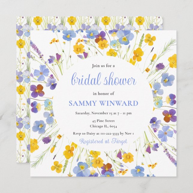 Spring Blue and Yellow Flowers Bridal Shower Invitation (Front/Back)