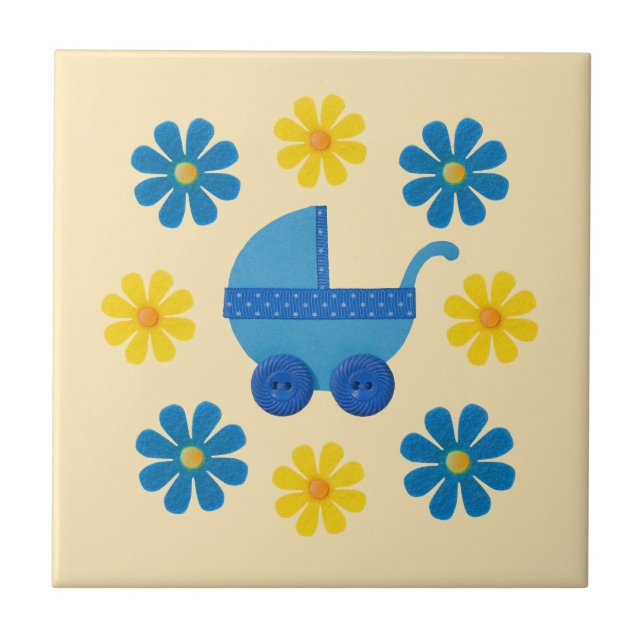 Spring blue baby stroller, yellow, blue flowers tile (Front)
