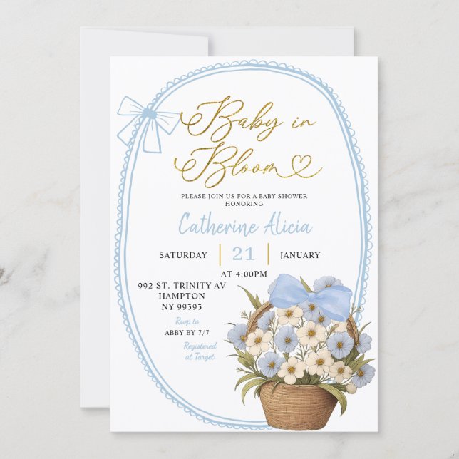 Spring Blue Bow Daisy Baby in Bloom Baby Shower Invitation (Front)