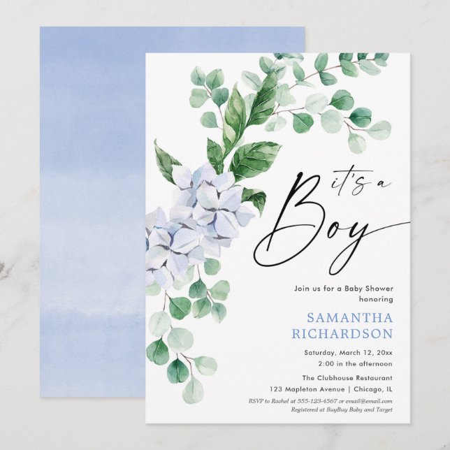 Spring blue floral greenery boy baby shower invitation (Front/Back)