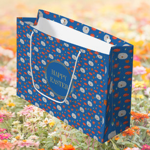 Spring Blue Floral Pattern Christian Happy Easter Large Gift Bag