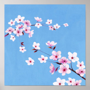 Spring Blue Sky Cherry Blossom Flowers Warecolor Poster