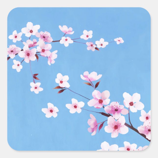 Spring Blue Sky Cherry Blossom Flowers Warecolor Square Sticker (Front)