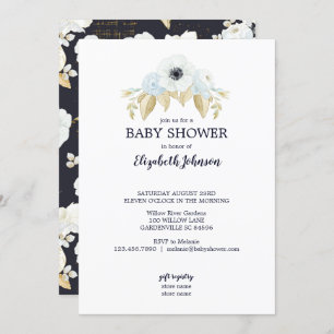 Spring Blue & White Floral on Navy Baby Shower Invitation