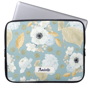 Spring Blue & White Floral Pattern Monogram Laptop Sleeve
