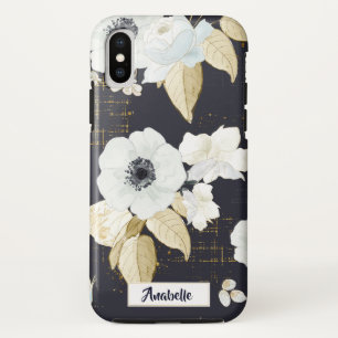 Spring Blue & White Flowers on Navy Background iPhone XS Case