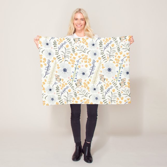 Spring Blue Yellow Whimsical Flowers Fleece Blanket (In Situ)