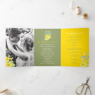 Spring bluebells primroses white green wedding Tri-Fold programme