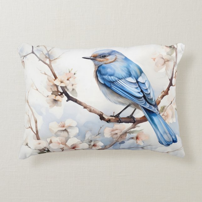 Spring Bluebird in the Blossoming Tree Accent Pillow (Front)