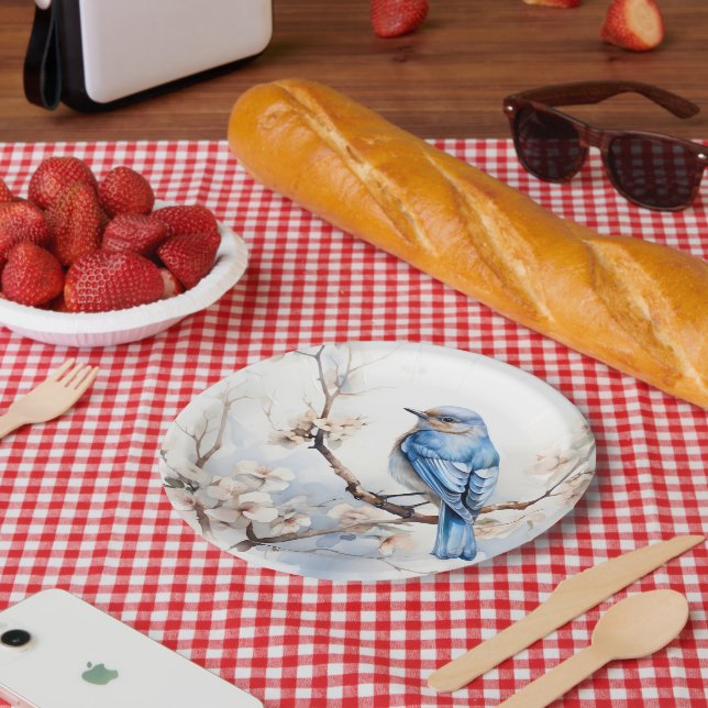 Spring Bluebird in the Blossoming Tree Paper Plate (Picnic)